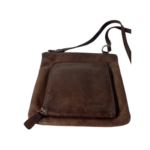 Fossil Brown Leather Crossbody Bag With Adjustable Strap Front Zip Pocket - Picture 2 of 5